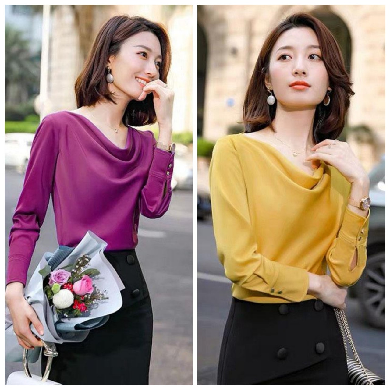 Áo Sơ Mi Cổ Đổ Duyên Dáng Vàng Và Tím NGOCTRANSHOP - NT3321