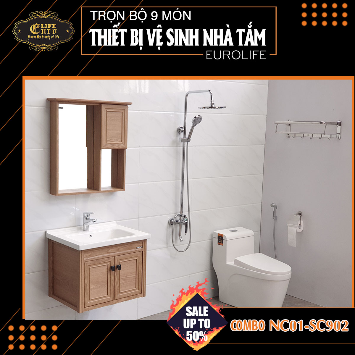 Combo 9 món trọn bộ cho phòng tắm thương hiệu Eurolife Combo NC04-S922. Bộ sản phẩm đầy đủ giá siêu rẻ cho phòng tắm.