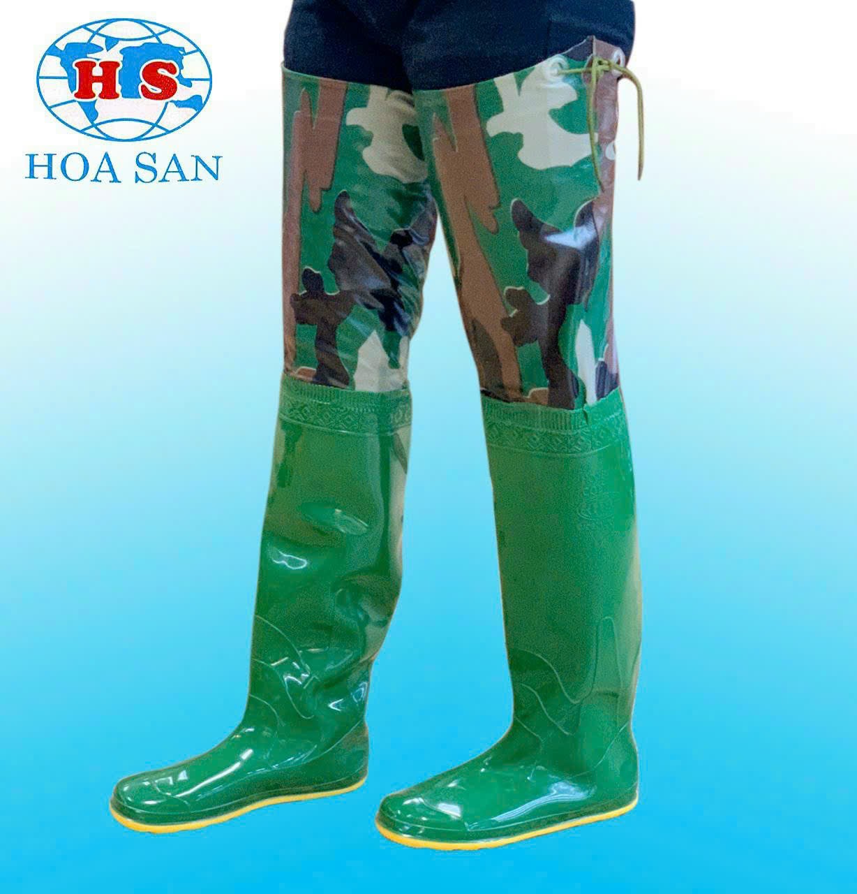 Ủng cấy dài đế vàng cứng 2 lớp Hoa San size 36-43 màu xanh, ủng đùi, ủng đi mưa, ủng bảo hộ lao động