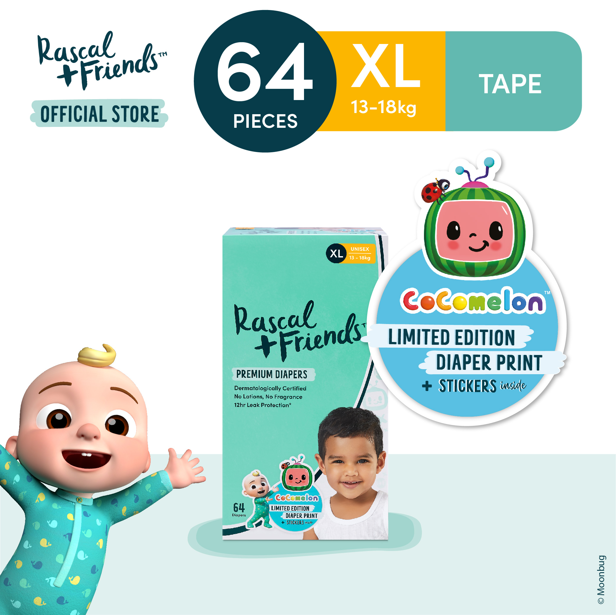 Tã/Bỉm Dán Rascal + Friends Cocomelon Size XL (13-18kg) 64 miếng - Kèm sticker ngẫu nhiên