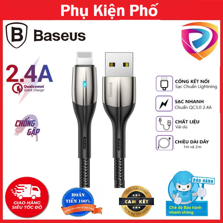 Dây sạc iPhone Baseus - Cáp Lightning hỗ trợ sạc nhanh - Siêu bền - Chống gẫy - Đèn LED - Dài 1M 2M Bảo hành chính hãng 12 Tháng