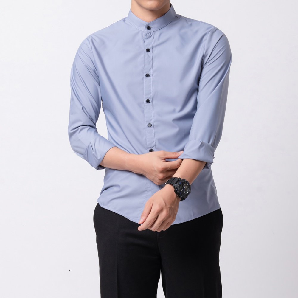 Áo sơ mi nam Cổ Trụ Ghi Xám loại đẹp, Sơ mi nam Cổ Tàu Ghi Xám chống nhăn, dáng ôm đẹp