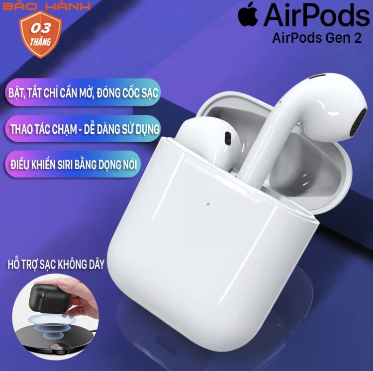 Tai nghe Bluetooth Airpods 2 cao cấp chức năng Đổi Tên,Định Vị Sạc Không Dây Bass mạnh, Pin trâu