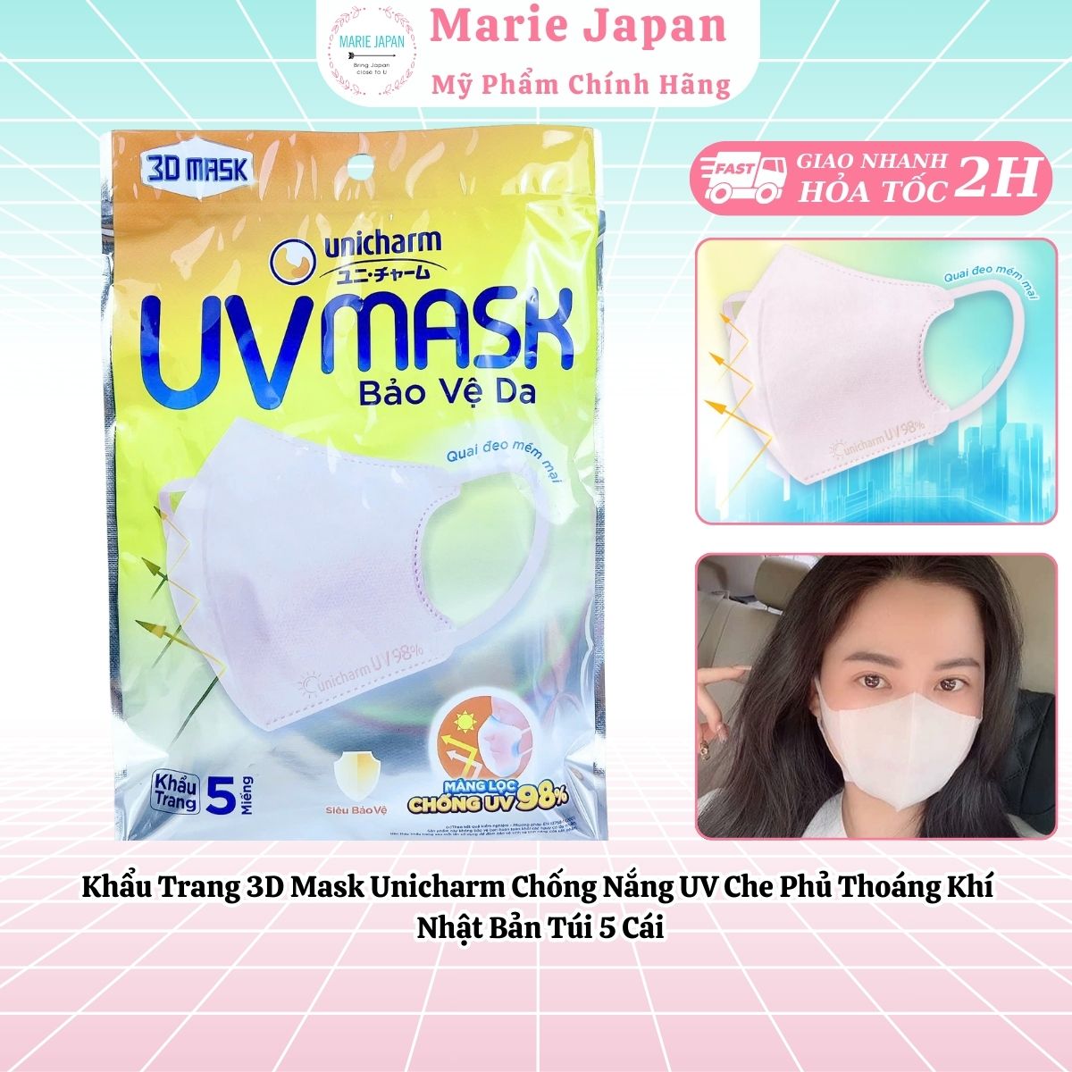 Khẩu Trang 3D Mask Unicharm Chống Nắng UV Che Phủ Thoáng Khí Nhật Bản Túi 5 Cái