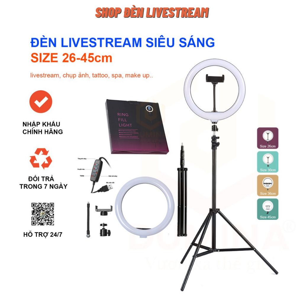 Đèn livestream full size 26 30 36 45 kèm chân 2m1 hỗ trợ ánh sáng bán hàng, chụp ảnh,make up, làm phun xăm, nối mi, chụp mẫu sản phẩm - bảo hành 6 tháng đổi mới.