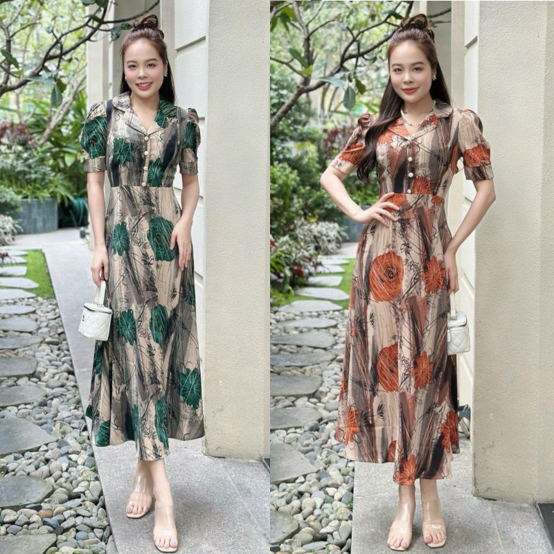 Đầm maxi họa tiết, form dài cổ sen, đính nút, tay phồng Misa - MS0301