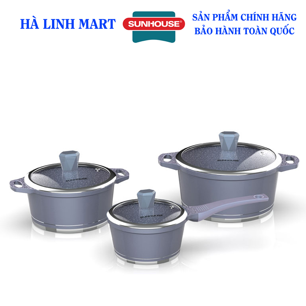 Bộ nồi vân đá đáy từ SUNHOUSE SHG2003MMA - Bộ nồi có chống dính đáy từ - Nồi vân đá bếp từ -Nồi chống dính đáy từ - Hàng chính hãng