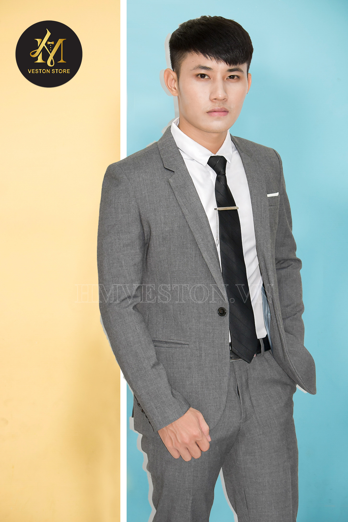 [HCM]Bộ vest nam ôm body màu xám đậm 1 nút ôm body + cà vạt kẹp