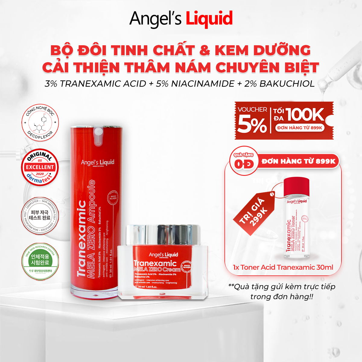 Bộ Sản Phẩm Serum & Kem Dưỡng Cải Thiện Thâm Nám Chuyên Biệt Angels Liquid Tranexamic Acid Mela Zero
