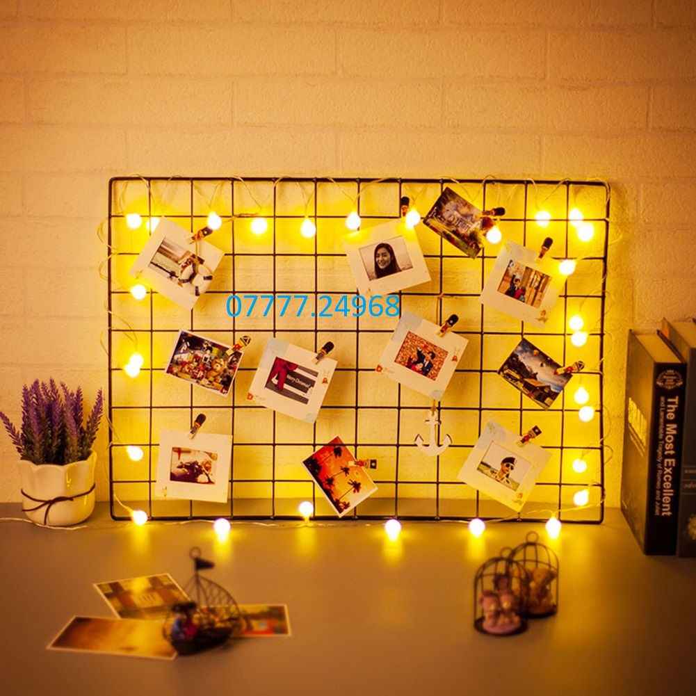 Combo Khung Hình Lưới Sắt 45*35cm+ Đèn Led Xài Pin Dài 3M 20 Bóng Đèn Cherry Ball Kẹp Hình Nghệ Thuật Trang Trí Decor Nhà