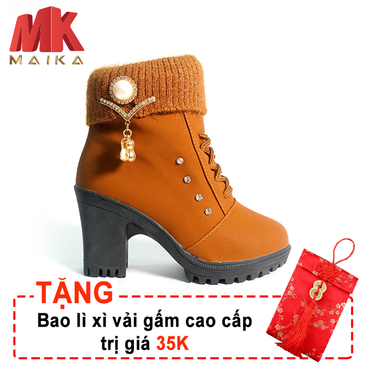 Giày boot nữ đế vuông S106 (Nâu) MKSTORE + Tặng bao lì xì vải gấm cao cấp