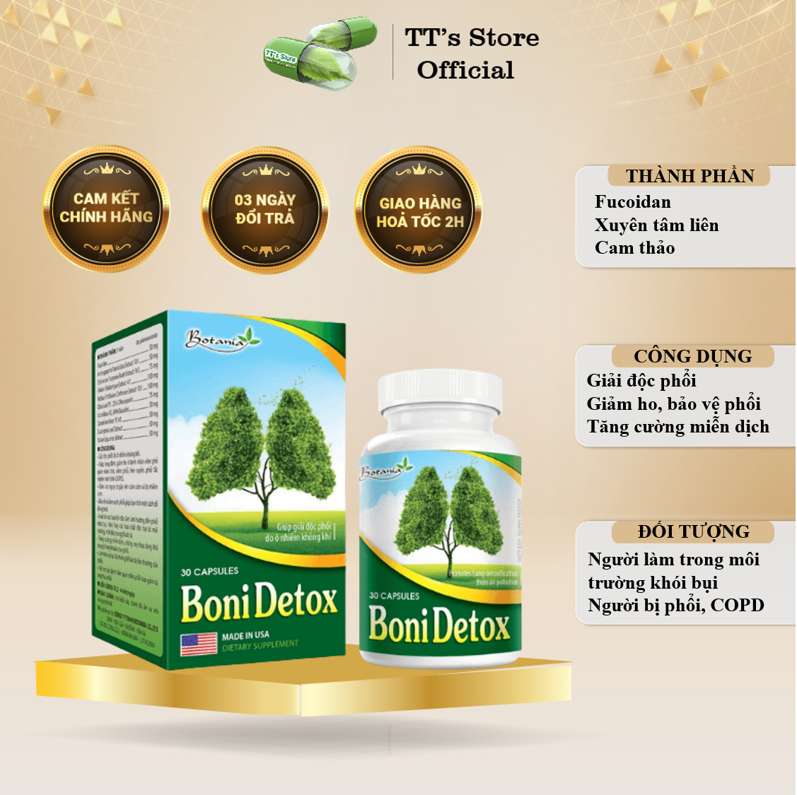 Giải độc phổi BoniDetox Hộp 30 viên - Botania Boni detox, cai thuốc lá, bổ
