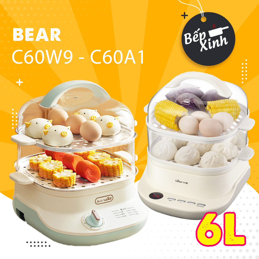 Nồi hấp điện bear 6l - lồng hấp điện 2 tầng bear - dung tích 6 lít - khay hấp inox 304 - nồi hấp điện bear - nồi nấu đa năng - hàng chính hãng