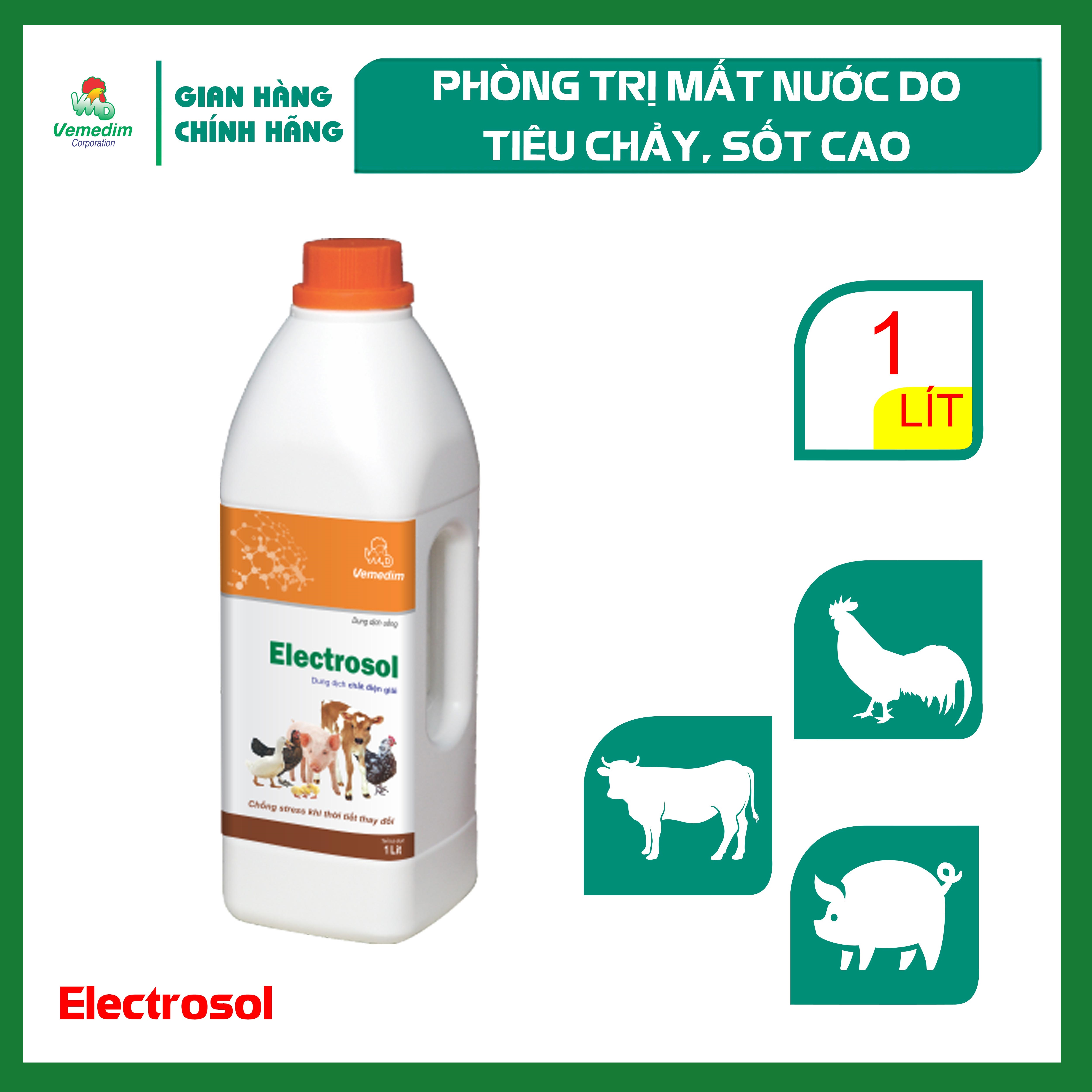 "Hoàn tiền đến 10%" Vemedim Electrosol bổ sung nước do tiêu chảy ở gia súc, gia cầm, chai 1lit