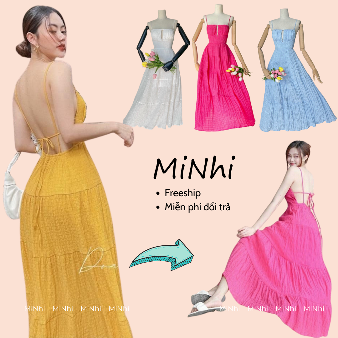 Đầm maxi , Đầm 2 dây , Váy hở lưng Cao Cấp váy đi biển thiết kế đỏ vàng trắng xanh xốp nhún 2 lớp dáng xòe - MiNhi Dress
