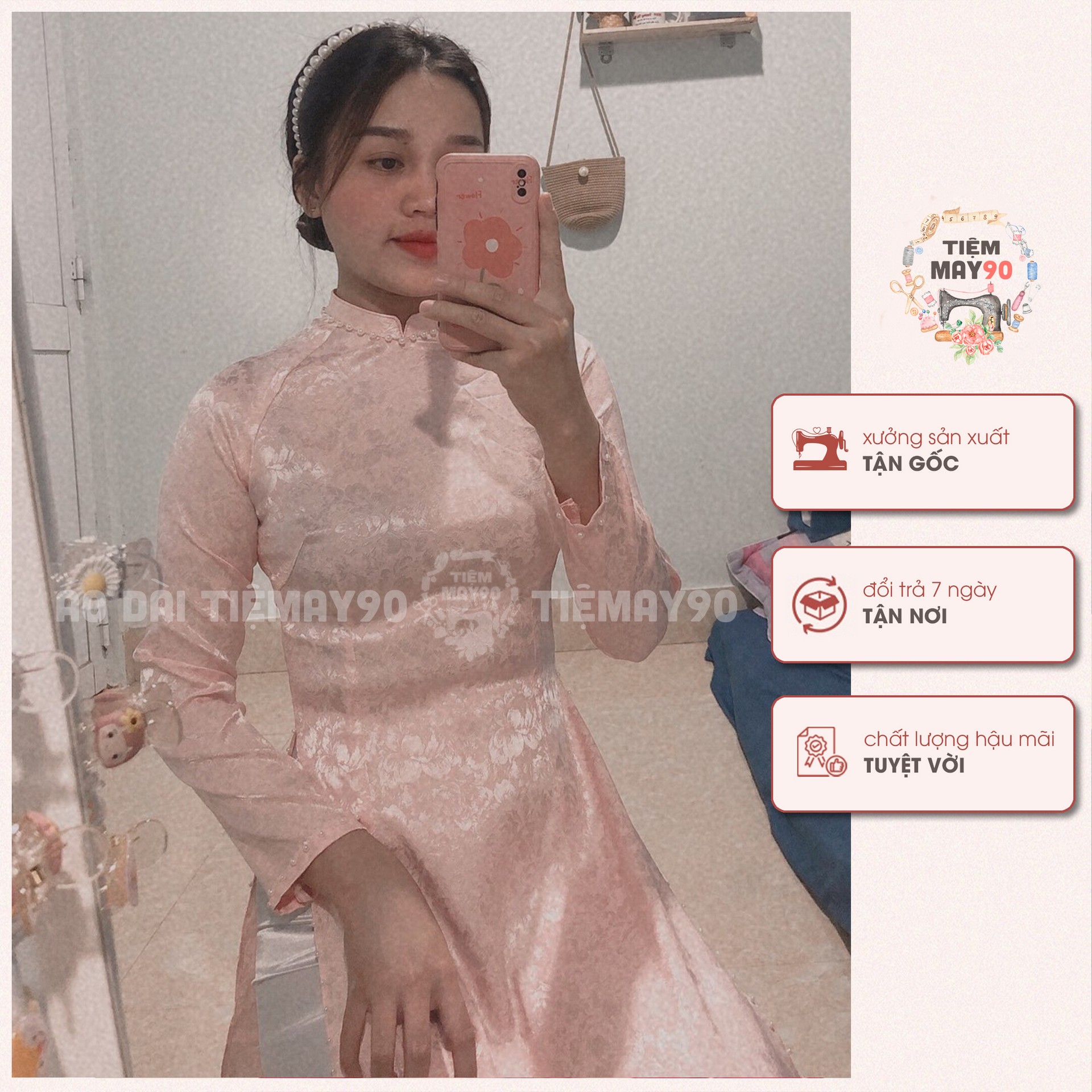 Áo dài cưới cô dâu học sinh nữ đi học may sẵn áo dài gấm hoa đỏ trắng cổ cao đính ngọc dự tiệc cưới lễ tết đẹp AD90158