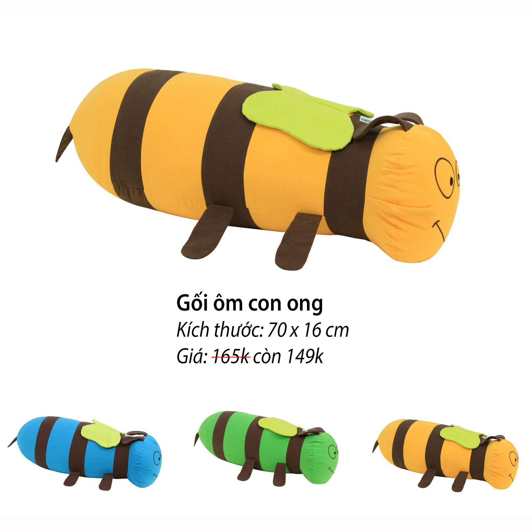 Gối ôm hình thú cho bé con ong hometex 70x30x15 cho bé dễ thương đáng yêu xuất xứ việt nam