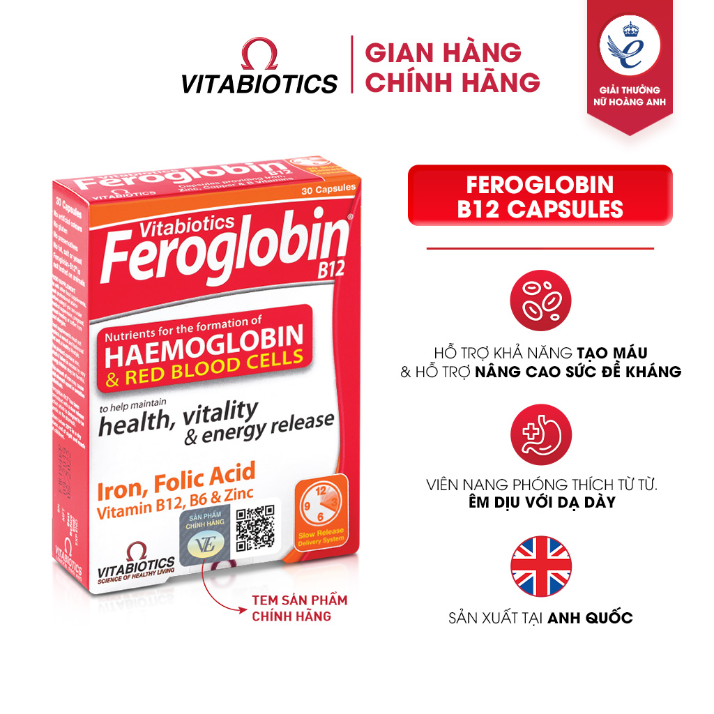 Viên Uống Bổ Máu Vitabiotics FEROGLOBIN B12 Cung Cấp Sắt Hỗ Trợ Tăng Khả Năng Tạo Máu, Nâng Cao Sức Đề Kháng Hộp 30 Viên