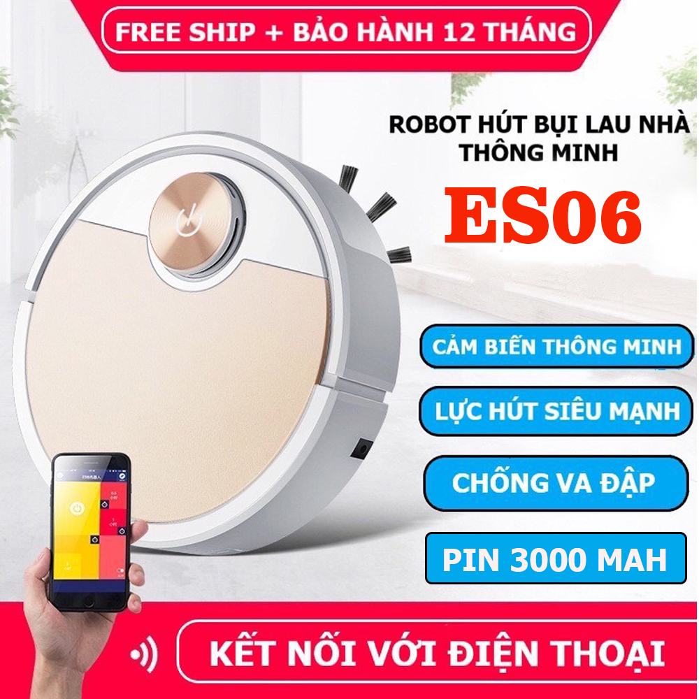Robot Hút Bụi Tự Động ES06 Điều Khiển Qua App Điện Thoại, Robot Hút Bụi Tự Động Thông Minh ES06. Tự Động Phát Hiện Khi Gặp Các Vật Cản, Vận Hành Êm Ái Không Có Tiếng Ồn. Bảo Hành 12 Tháng