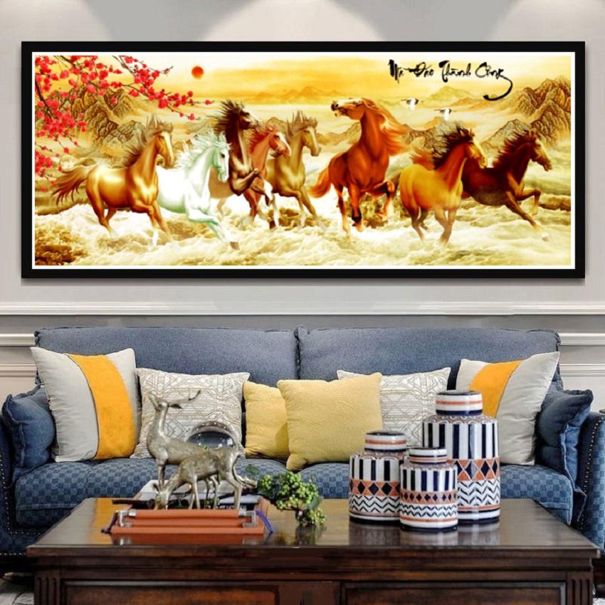 Tranh đính đá Mã đáo thành công Lv282 - Kt 188*75cm, Tranh đính đá ngựa, Tranh đính đá bát mã, Mã đáo thành công,Tranh gắn đá, tranh đính đá