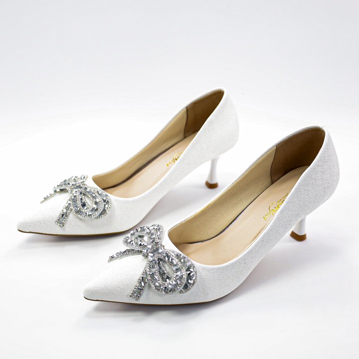 Giày cao gót da tổ yến đính nơ kim cương chính hãng 2tfashion feet, mũi nhọn , gót 5 phân, mũi nhọn - hcg0038