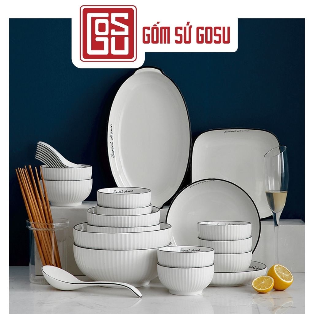 Bộ bát đĩa sứ gosu màu trắng viền đen chất liệu gốm sứ cao cấp sáng mịn đẹp