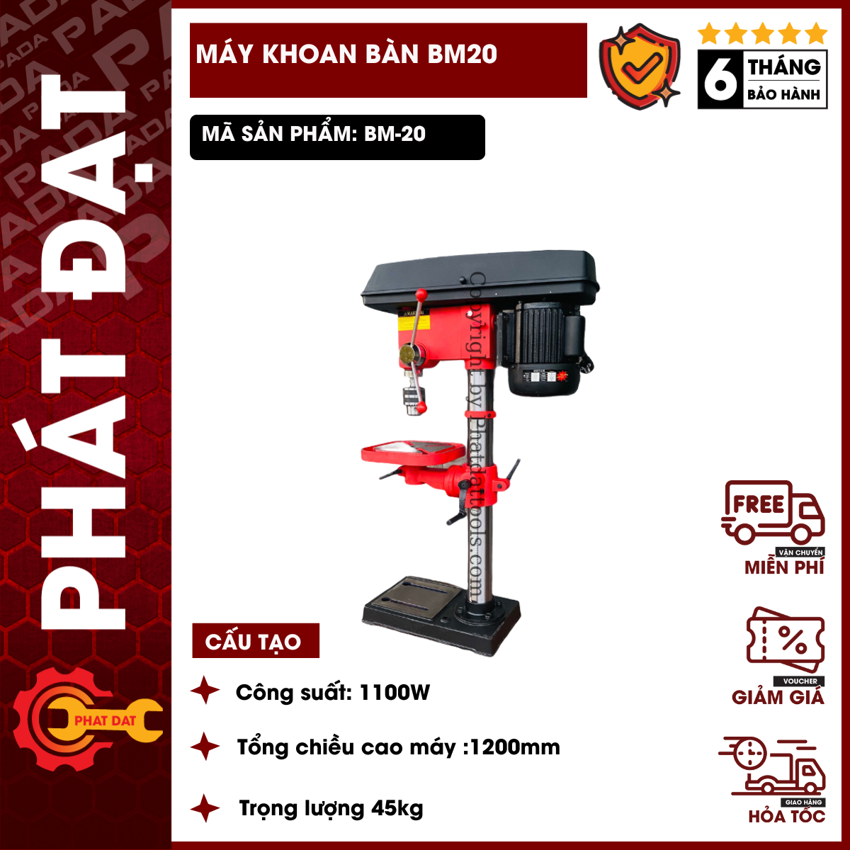 Máy khoan bàn nova bm-20-công suất 1100w-đầu kẹp 20mm-bảo hành 6 tháng