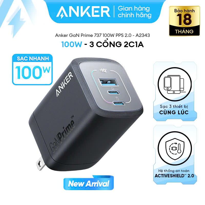 Sạc nhanh Anker 737 GaN Prime 100W - 3 cổng 2C1A sạc 3 thiết bị cùng lúc - Hỗ trợ PPS, PD, PowerIQ 4.0- A2343