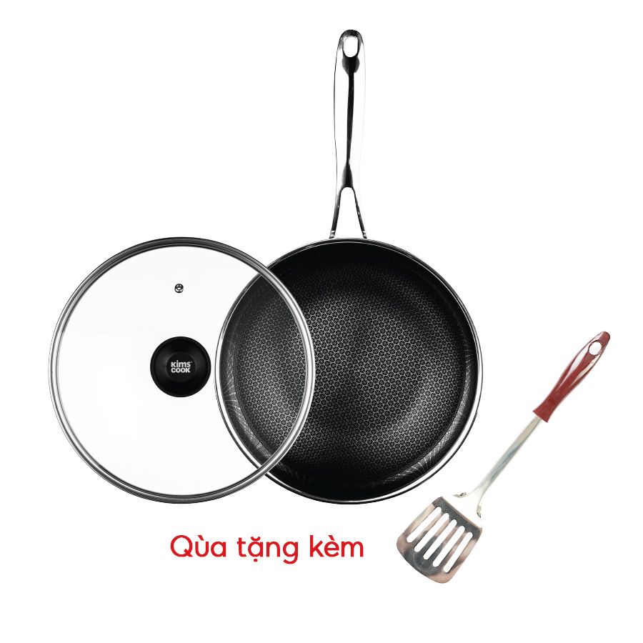 Chảo chống dính đáy từ sâu lòng 3 lớp đúc liền inox 304 nắp kính Kims Cook Blackcube 26cm tặng 1 sạn inox