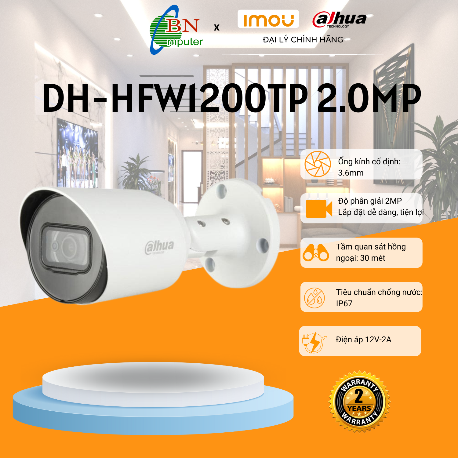 Camera quan sát analog DH-HFW 1200TP-S5 2.0MP thân sắt, chống nước IP67, bảo hành 24 tháng