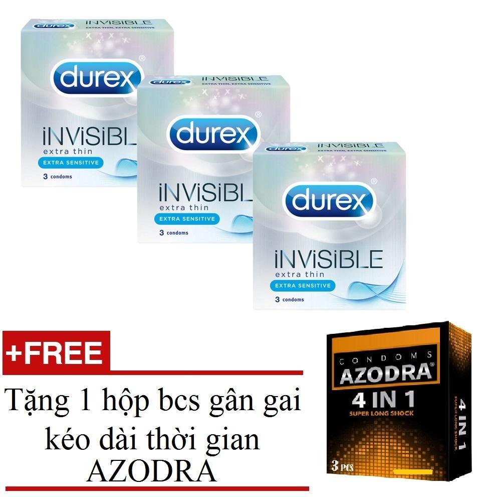 Combo 3 hộp bao cao su siêu mỏng Durex INVISIBLE hộp 3c tặng 1 hộp bcs AZODRA 3c
