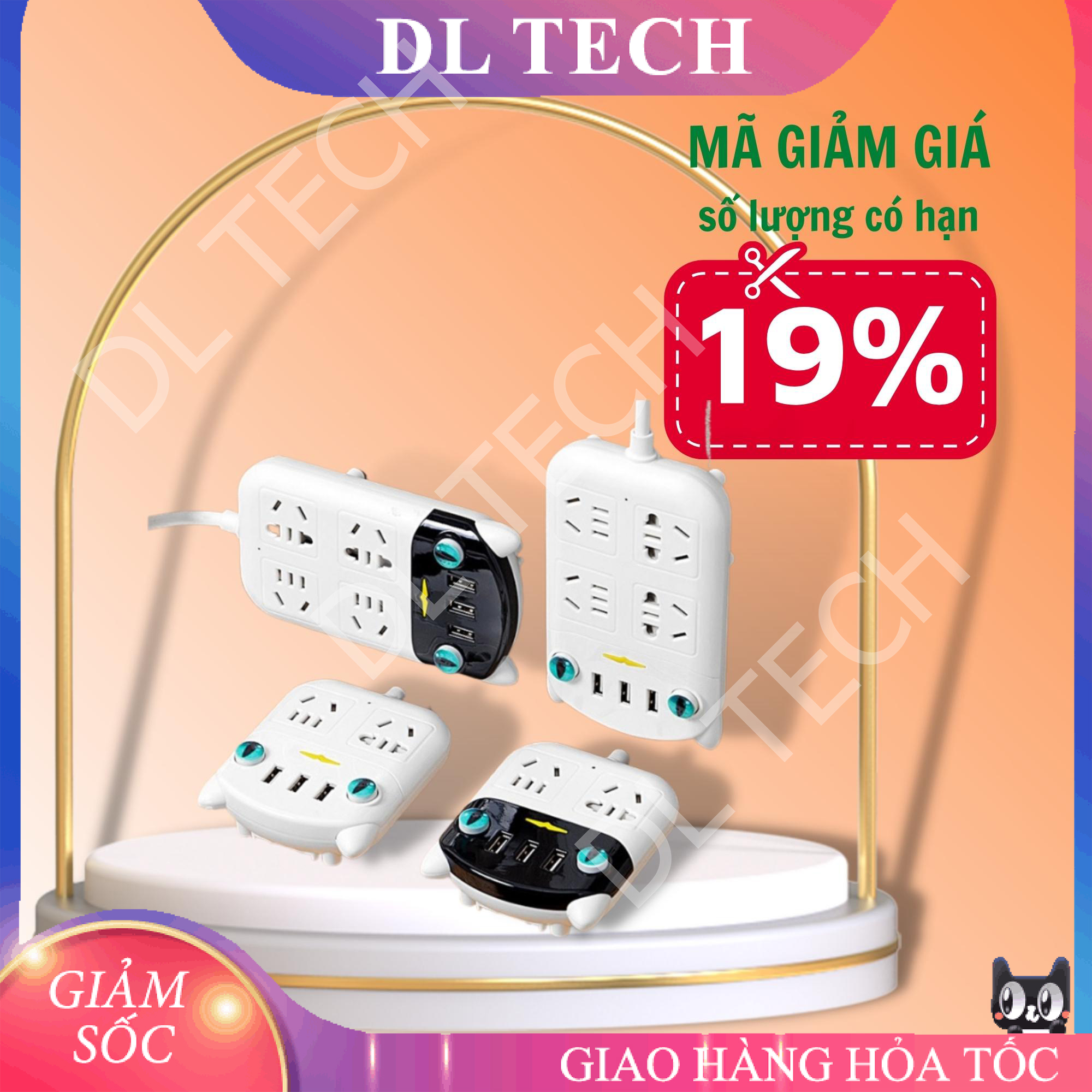 Ổ cắm điện 6 ổ cắm tích hợp 3 cổng USB mèo dễ thương sạc điện thoại DL