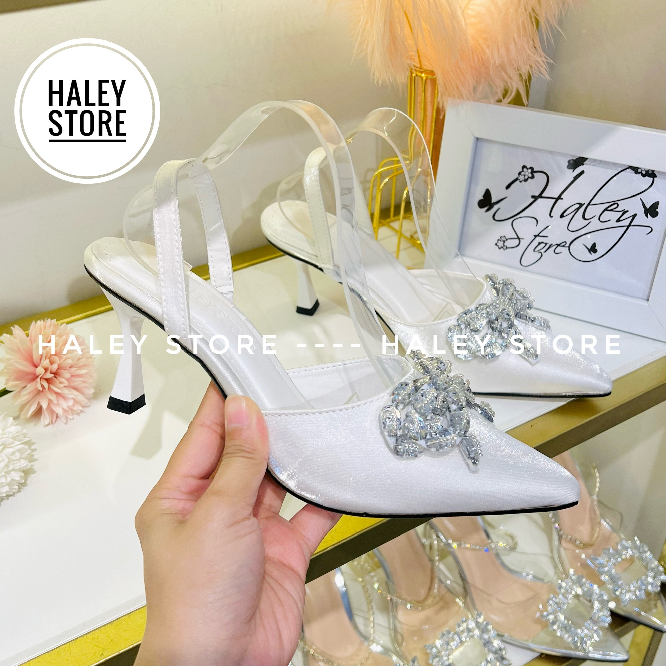 Giày sandal cao gót HALEY STORE bít nơ kết đá gót 7cm nơ đá bít mũi da lụa xước quai kéo tiểu thư cô dâu đi tiệc