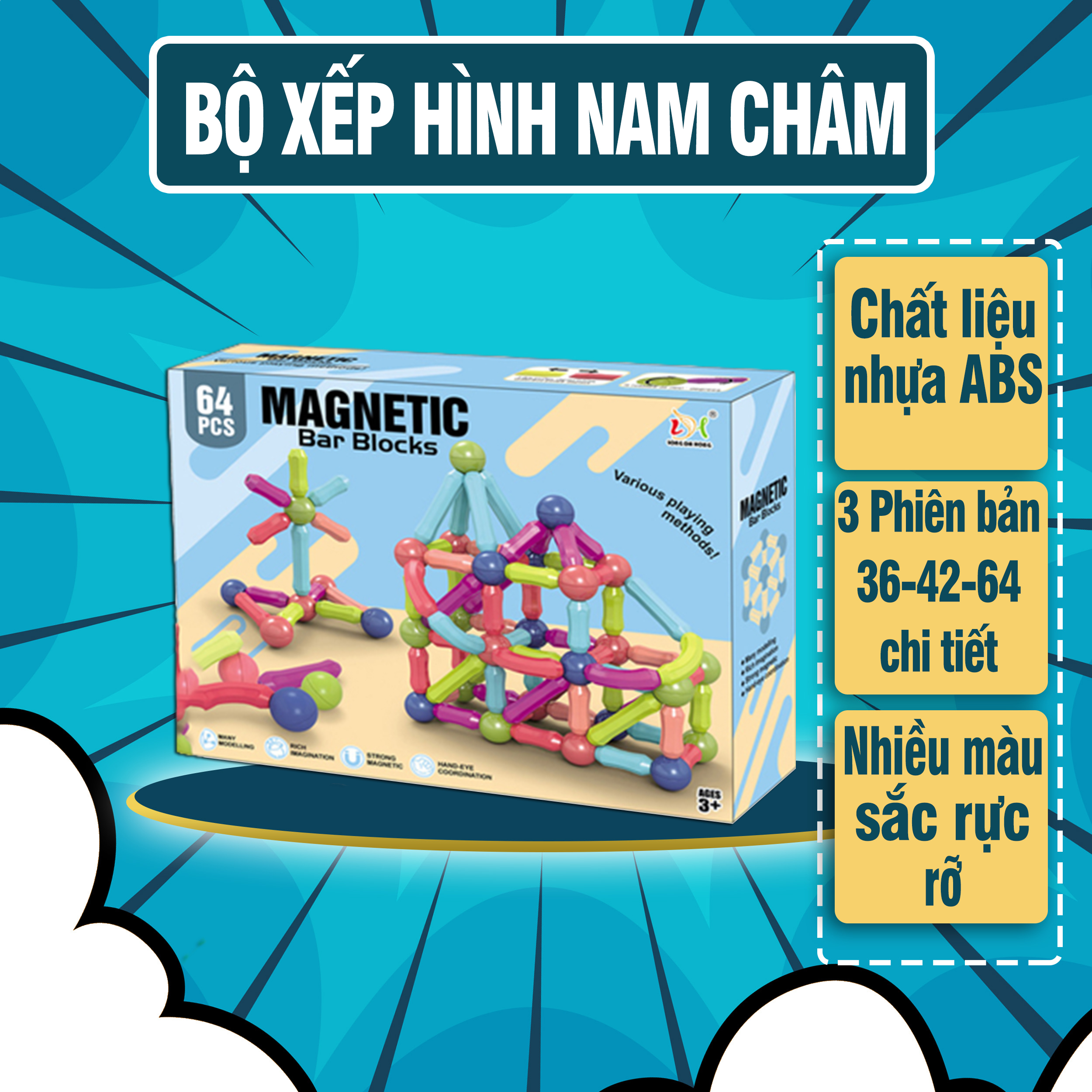 Bộ Xếp Hình Nam Châm - 64 chi tiết, Chất liệu nhựa ABS an toàn - Đồ chơi giúp bé phát triển, Đồ chơi nam châm gậy 64 chi tiết, Magnetic Stick, Đồ chơi giá rẻ, do choi gia re, đồ chơi ghép hình nam châm - Luna Baby