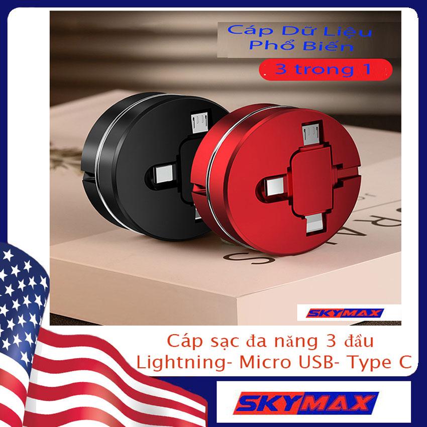 Cáp Sạc Tròn Đa Năng 3 Trong 1, Đầu Lightning, Micro, Type C, dây cáp bọc lớp nhựa cực kỳ bền dành cho các điện thoại, dây sạc 3 đầu cao cấp, cáp sac 3 đầu đa năng, cáp sac nhanh đa năng, cáp sạc Skymax