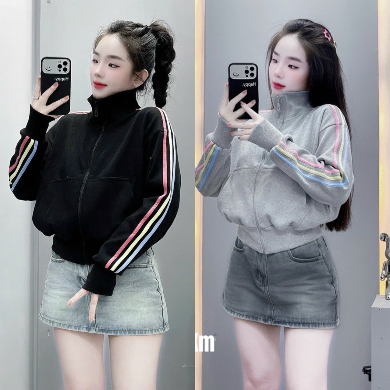 ÁO KHOÁC NỈ CỔ CAO SỌC VIỀN 3 MÀU CẦU VỒNG PHONG CÁCH NĂNG ĐỘNG TRẺ TRUNG THOẢI MÁI