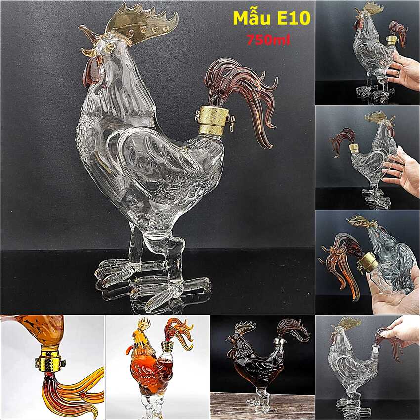 Chai đựng rượu thủy tinh 750ml mẫu con gà – bình đựng rượu 12 con giáp – chai thủy tinh đựng rượu làm quà tân gia