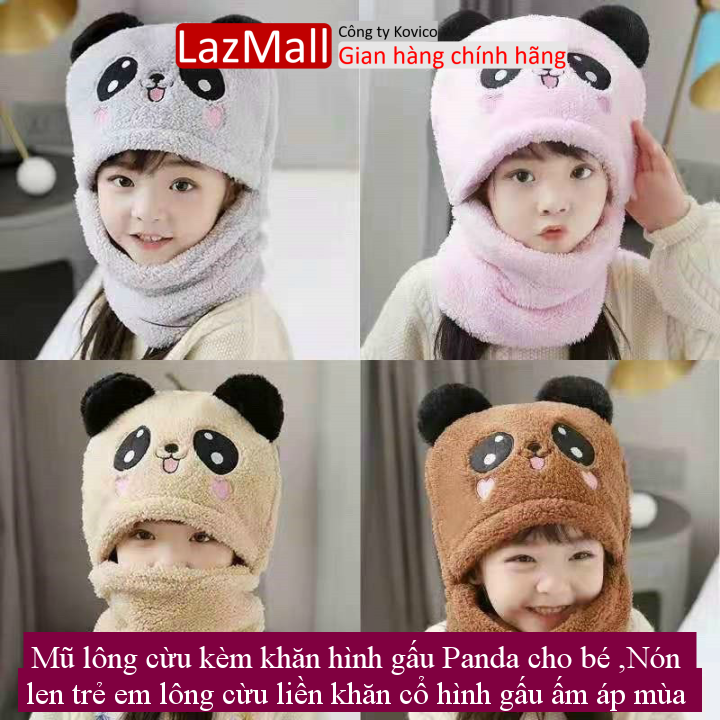 Mũ lông cừu kèm khăn hình gấu Panda cho bé ,Nón len trẻ em lông cừu liền khăn cổ hình gấu ấm áp mùa đông