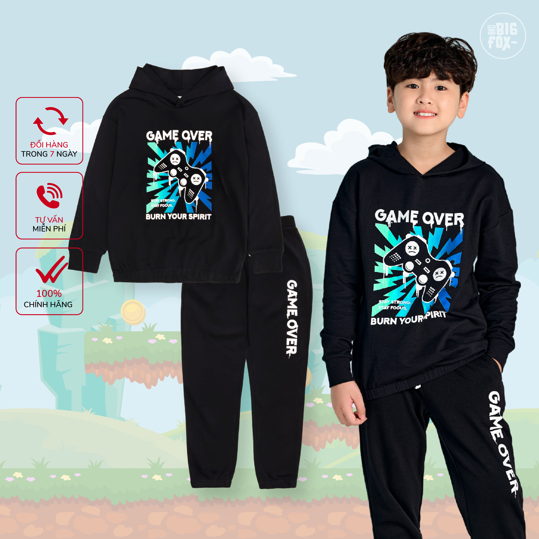 Bộ nỉ bé trai size đại Bigfox Miss Meow, bộ thu đông cho bé trai dáng hoodie họa tiết Game Over size trẻ em 7,8..15 tuổi
