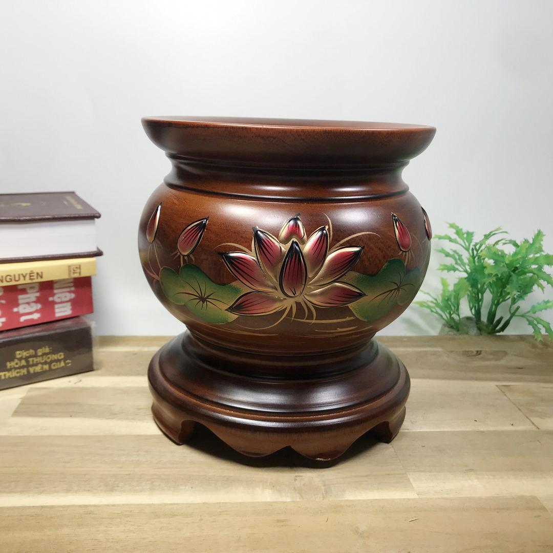 Lư hương gỗ thờ cúng khắc nổi hoa sen cao 16cm