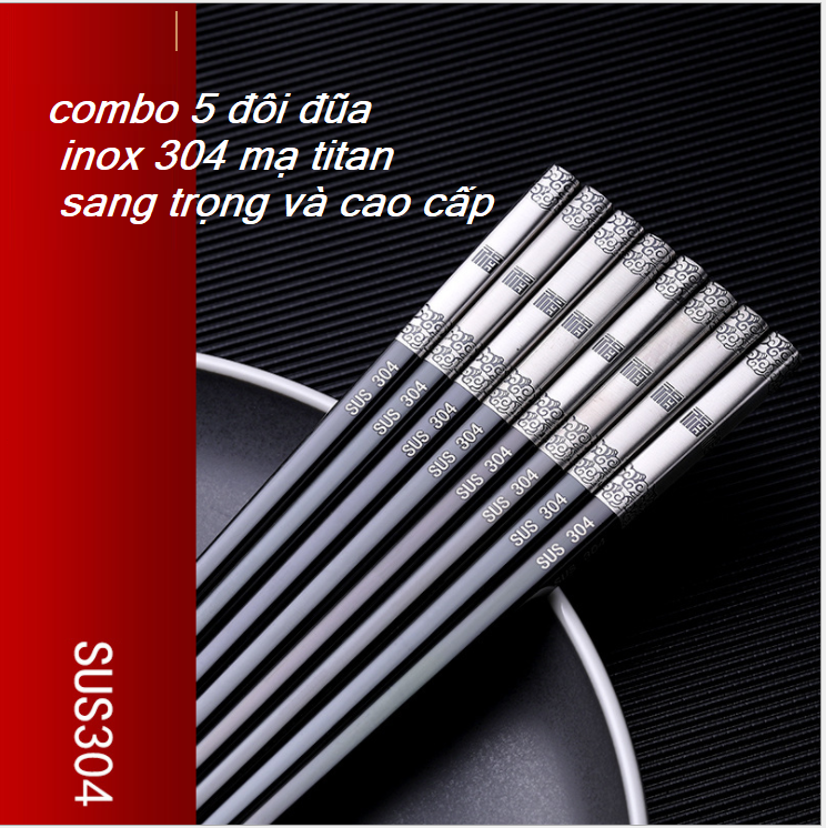 5 đôi đũa inox 304 mạ titanium chống trượt - đũa inox cao cấp- đũa titan - đũa châu á- đũa hàn nhật trung.