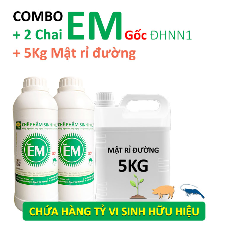 COMBO 2 chai Chế phẩm sinh học EM gốc và 5kg Mật rỉ đường. Men vi sinh ủ phân rác bã hữu cơ làm Phân Bón. Xử lý mùi hôi Chăn Nuôi chuồng trại. Làm sạch ao hồ Cá, Tôm. HSD: 2 năm