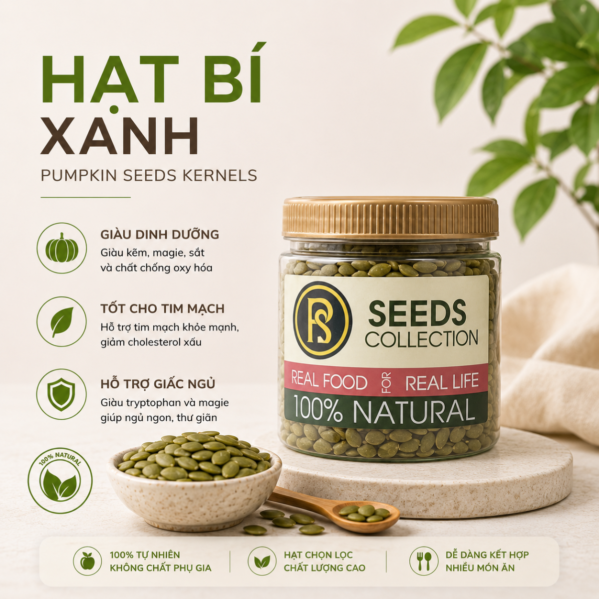 RealFoodStore Hạt Bí Xanh Tách Vỏ 500G – Hạt Sống Dùng Làm Snack, Salad, Granola