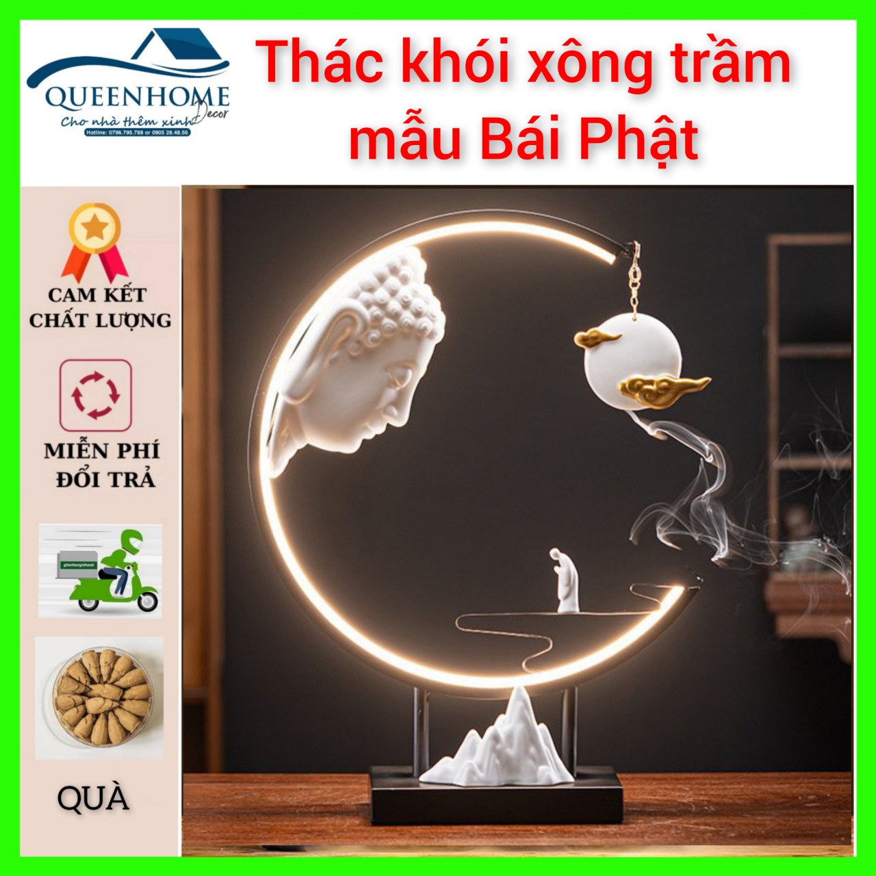 Thác Khói xông Trầm mẫu Bái Phật QH-TKBP, Thác Phong thuỷ, Hàng cao cấp nhập khẩu, làm quà tặng trang trí phòng thờ phật, phòng Thiền, Trà