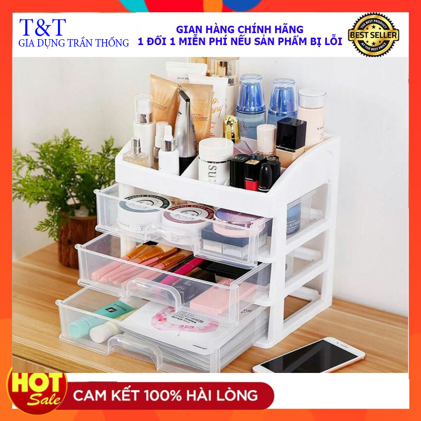 Kệ đựng mỹ phẩm - tủ đựng mỹ phẩm - kệ đựng mỹ phẩm 4 tầng trong suốt - kệ đựng mỹ phẩm đồ trang điểm trang sức 4 tầng 3 ngăn kéo tiện dụng