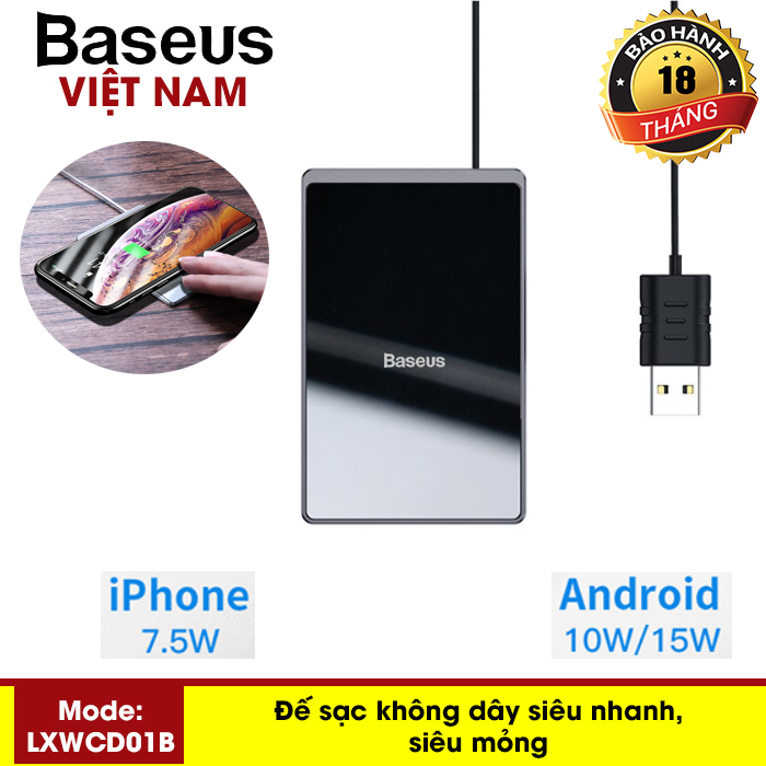 Sạc không dây siêu mỏng sạc siêu nhanh công suất 15W BASEUS mỏng 0,3cm gắn với cáp sạc USB dài 1m phù hợp cho iPhone Xs Max Apple / Samsung / Huawei /Xiaomi - Phân phối bởi Baseus Vietnam