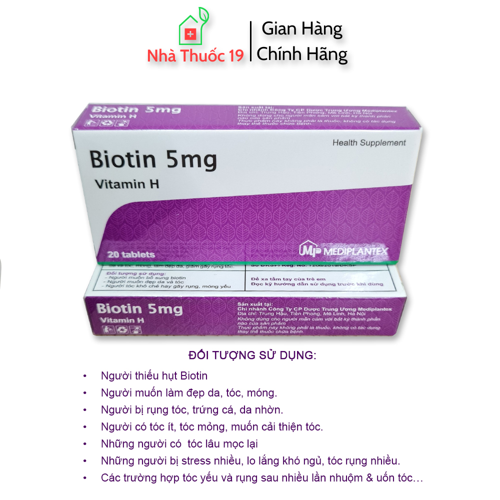 Biotin 5mg bổ sung vitamin H, vitamin B5 cải thiện giúp tóc mọc nhanh, dày và móng khỏe, giảm gãy - Hộp 20 viên
