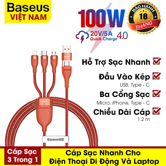 [BẢO HÀNH 12 THÁNG] Cáp sạc nhanh BASEUS công suất 100W/20V/5A QC4.0 - 3 trong 1 USB Type C Micro lightning cho điện thoại di động laptop