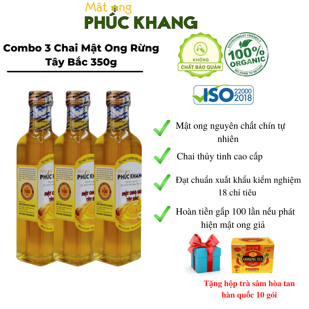 Mật ong rừng Tây Bắc Phúc Khang 350G -Combo 3 chai-  Thu hoạch tự nhiên - Đạt chuẩn xuất khẩu - Không nhiễm hóa chất , Kháng sinh , Kim loại nặng , Chất bảo vệ thực vật - An toàn cho gia đình - Sản phẩm đạt ISO 22000-2018