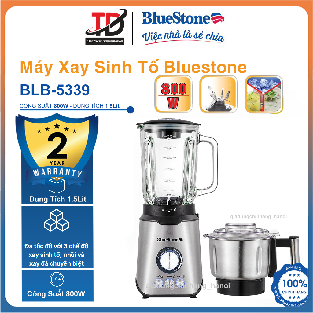 Máy Xay Sinh Tố BlueStone BLB-5339, 800W Cối Thủy Tinh Và Inox 304, Xay được hạt và đá, Hàng chính hãng